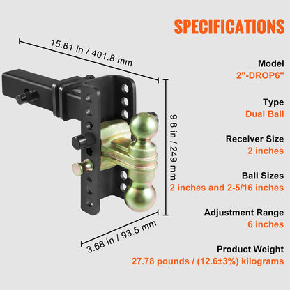 VEVOR - Enganche de remolque ajustable con bola de montaje, receptor de 2'' y receptor de 6'', bola de remolque de acero de tubo sólido para remolque de camiones