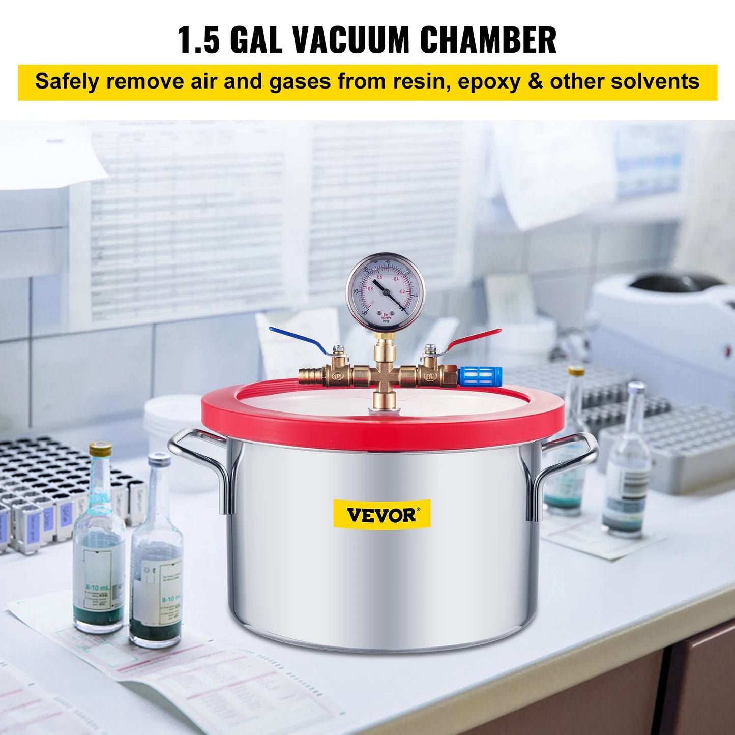 Cámara de vacío de acero inoxidable VEVOR Cámara de desgasificación al vacío de 1,5 a 5 galones Tapa de vidrio Siliconas para extracción de gas y protección Fo