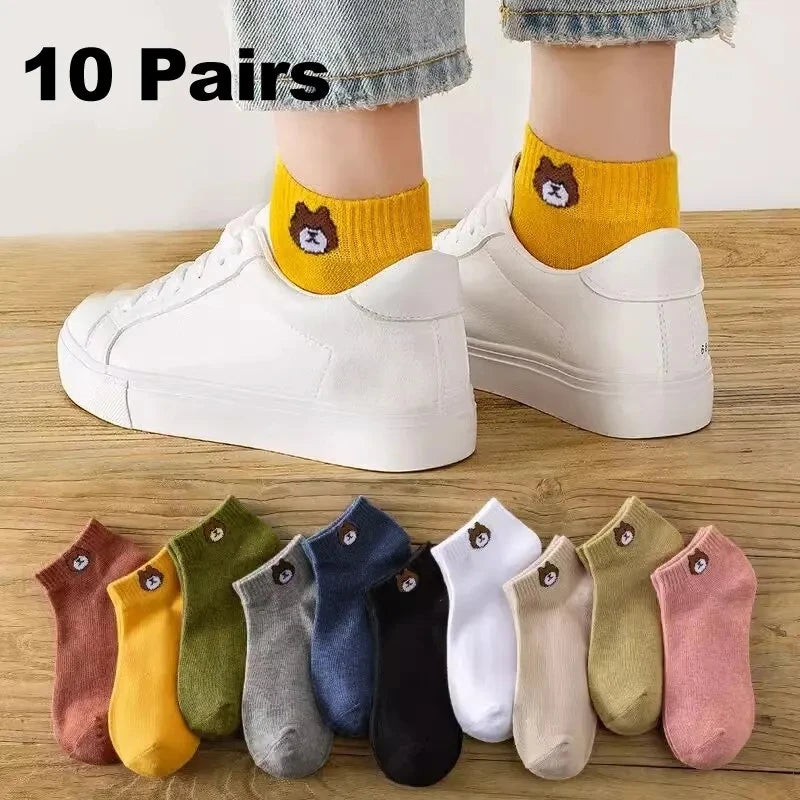 10 Pairs Women Low Socks Set With Cute Bear Pattern Fashionable Women Casual Versatile Style Comfortable Breathable Short Socks