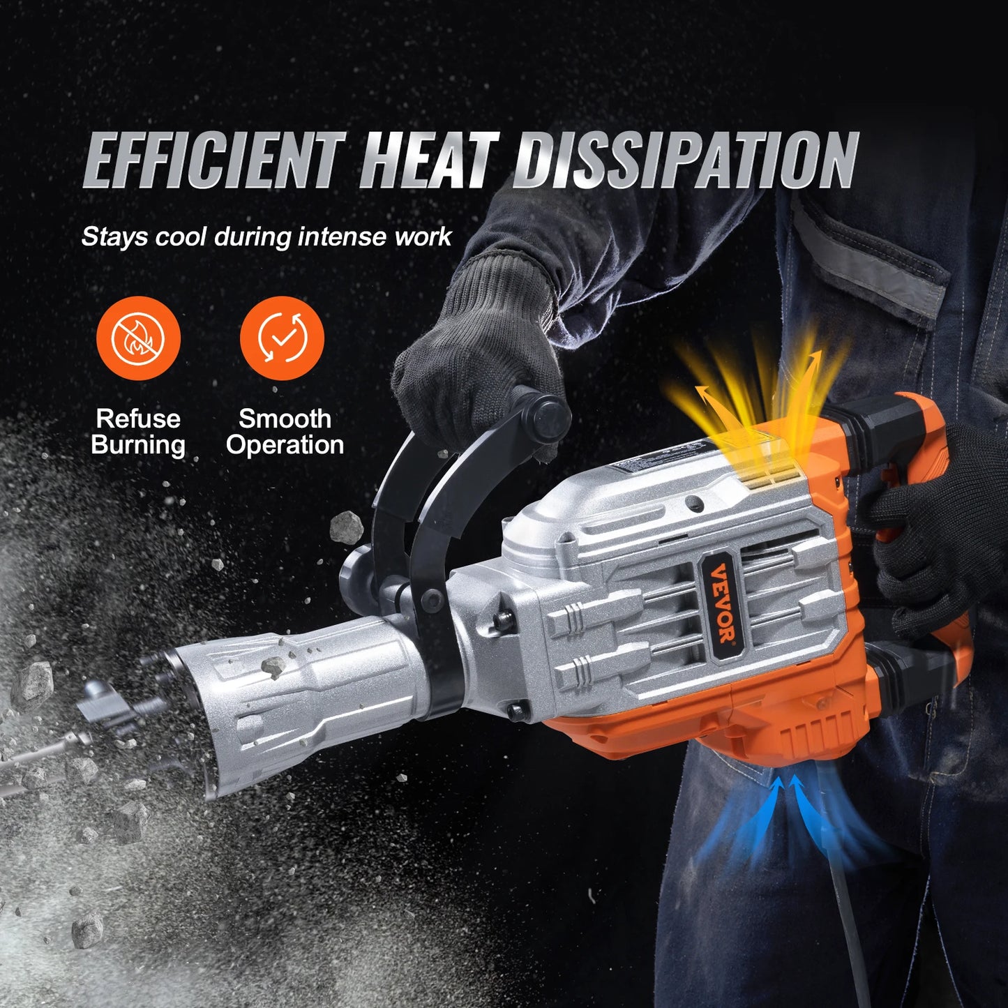 Martillo de demolición VEVOR de 1700 W y 60 J, martillo neumático eléctrico para hormigón con 2 brocas de cincel para zanjas y agujeros.