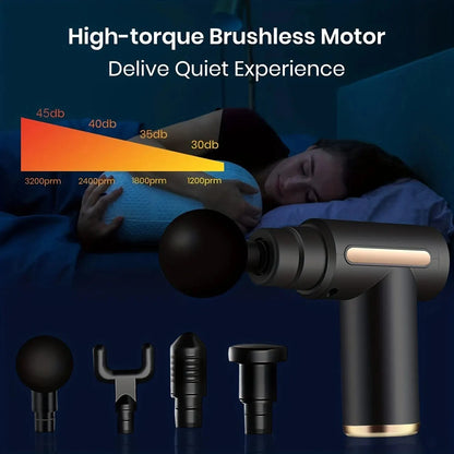 Pistola de masaje facial portátil, masajeador de percusión eléctrico, relajación corporal con pantalla táctil LED y 4 cabezales reemplazables.