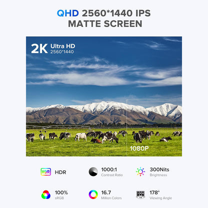 UPERFECT UMax22 22-inch Portable Monitor, 60Hz Refresh Rate, 2560*1440 IPS Screen, 100% sRGB, FreeSync, Built-in Speakers, Driver Free, HDR, Low Blue Light, 180&#176; Adjustable Stand, 2*USB-C, 1*Mini HDMI, 1*Micro USB-B OTG, 1*Audio Jack - EU Plug