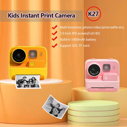 WOWKIDS K27 Kids Instant Print Camera, 48MP Front &amp; Rear Dual Cameras, 1080P Resolution, 4 Filters, 32GB TF Card, 1400mAh Battery - Pink