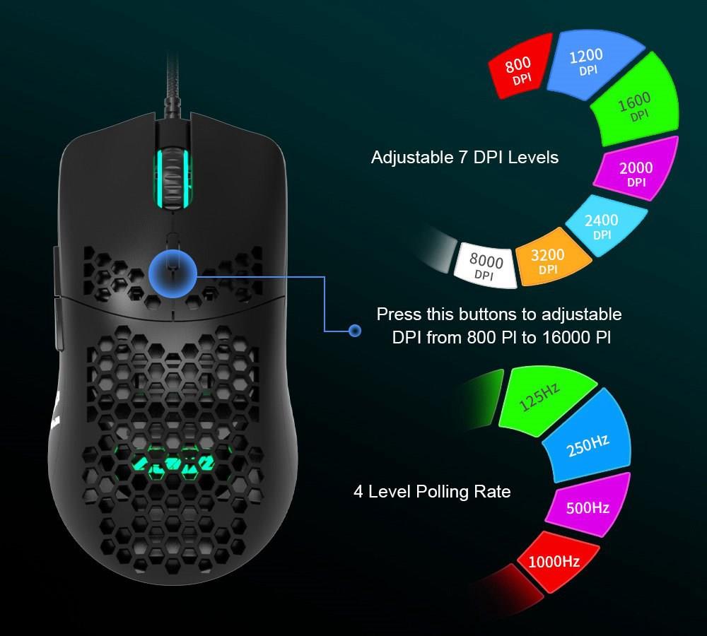 Ajazz AJ390 Ultralight Optical Wired Mouse Hollow-out RGB Light 16000 DPI Adjustable 7 keys - Black