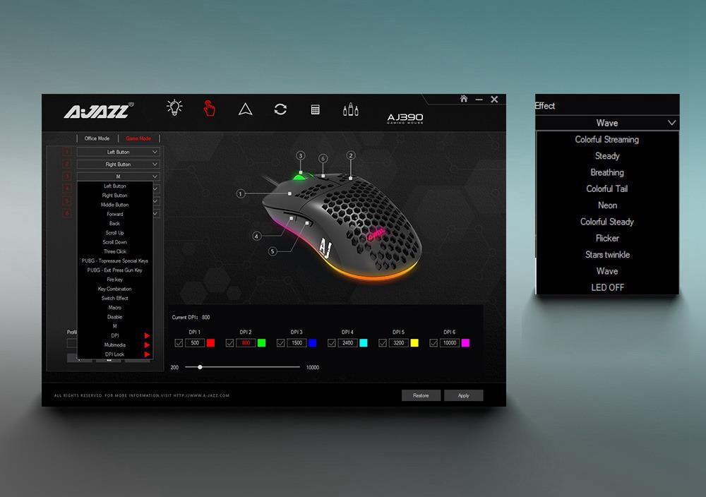 Ajazz AJ390 Ultralight Optical Wired Mouse Hollow-out RGB Light 16000 DPI Adjustable 7 keys - Black