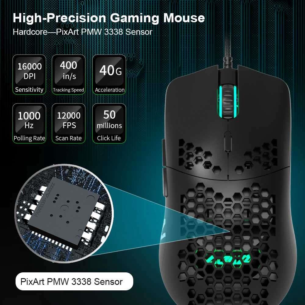 Ajazz AJ390 Ultralight Optical Wired Mouse Hollow-out RGB Light 16000 DPI Adjustable 7 keys - Black