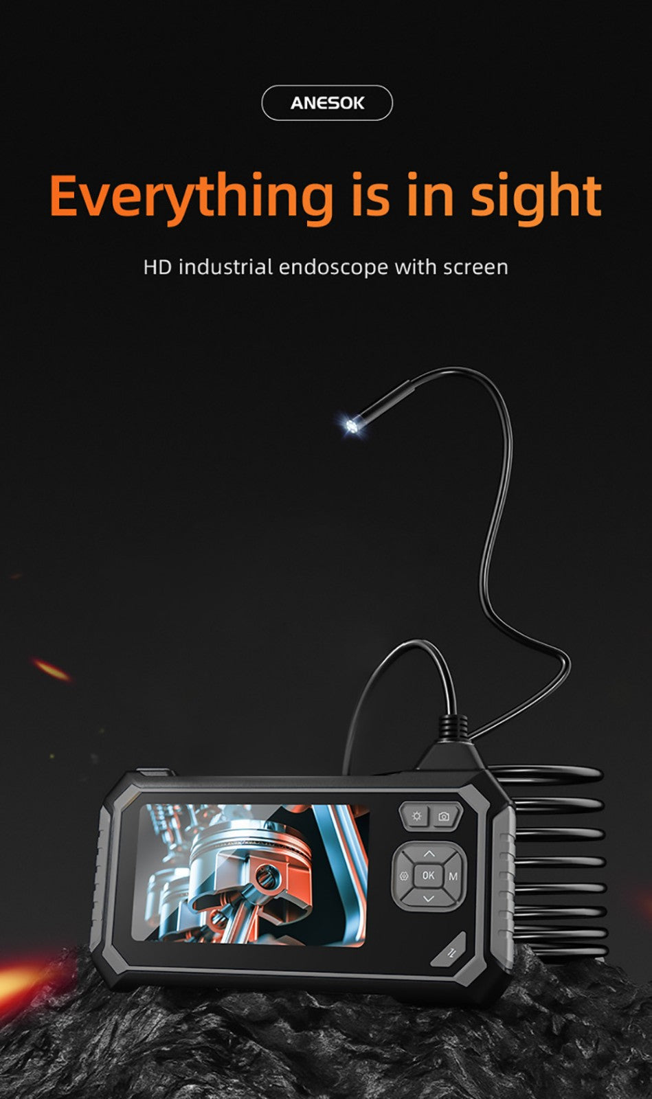 ANESOK 113B Endoscope, 4.3 inch IPS Screen, Single Lens, 1080P Resolution, 6 Adjustable LED Lights, 3 Hours Working Time, IP67 Waterproof, 1m Cable - Orange