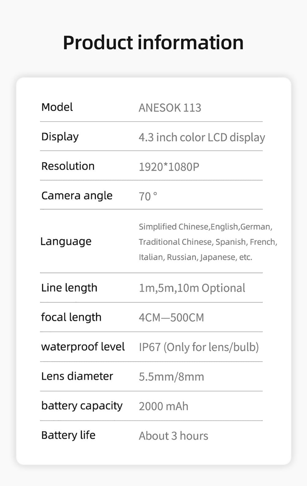 ANESOK 113B Endoscope, 4.3 inch IPS Screen, Single Lens, 1080P Resolution, 6 Adjustable LED Lights, 3 Hours Working Time, IP67 Waterproof, 1m Cable - Orange