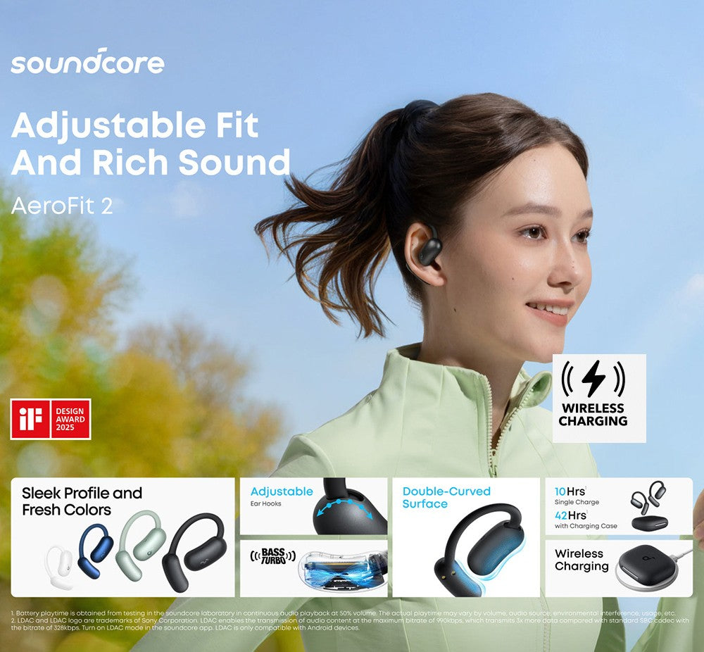 Anker Soundcore AeroFit 2 Open-ear Wireless Earbuds, Adjustable Ear Hooks, Bluetooth 5.4, Hi-Res Wireless Audio - Black