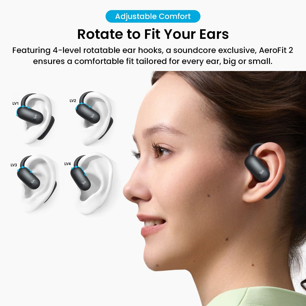 Anker Soundcore AeroFit 2 Open-ear Wireless Earbuds, Adjustable Ear Hooks, Bluetooth 5.4, Hi-Res Wireless Audio - Black