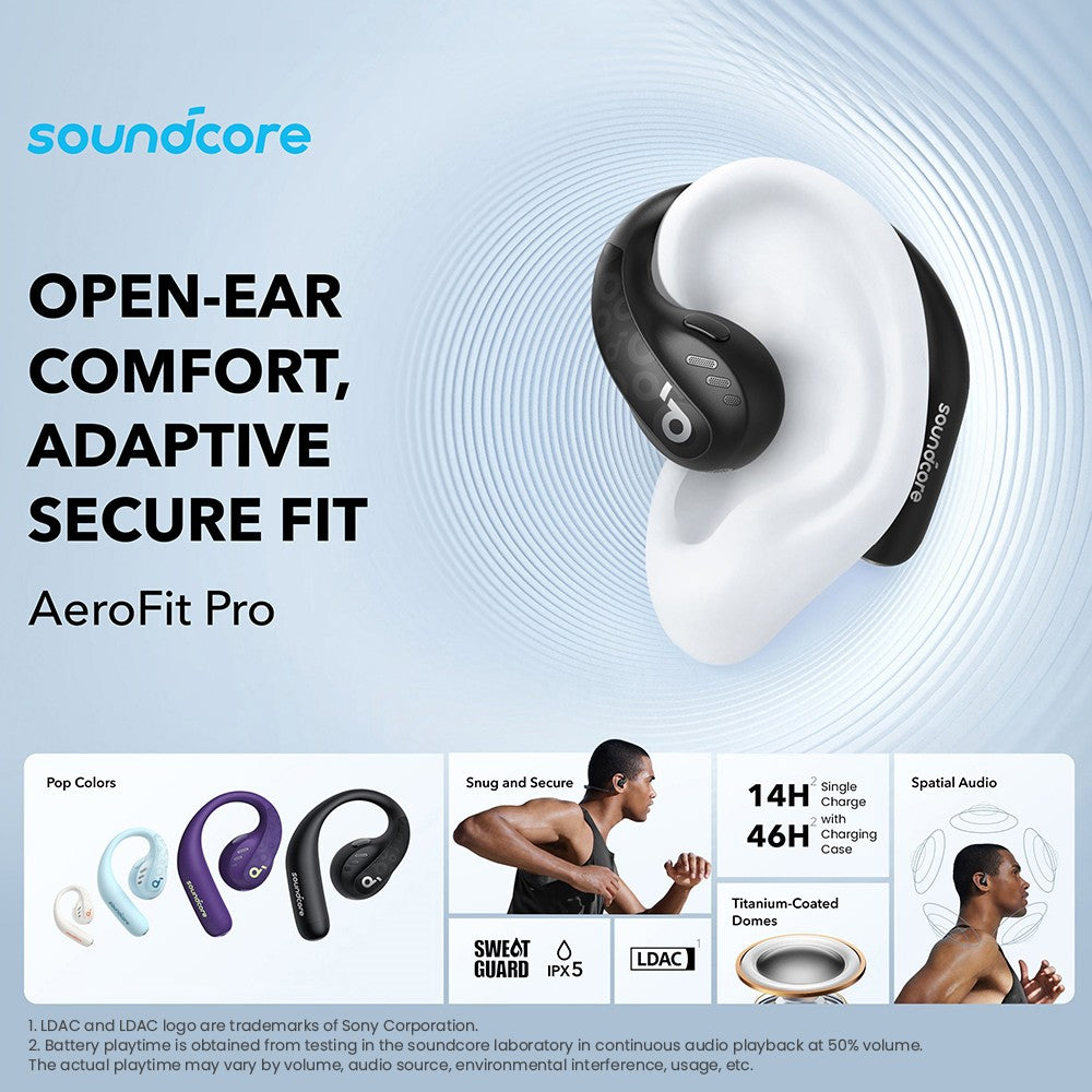Anker Soundcore AeroFit Pro Open-ear Earbuds, Bluetooth 5.3, Up to 46 Hours Playtime - Black
