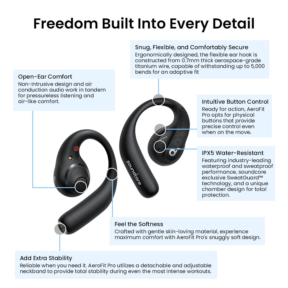 Anker Soundcore AeroFit Pro Open-ear Earbuds, Bluetooth 5.3, Up to 46 Hours Playtime - Black