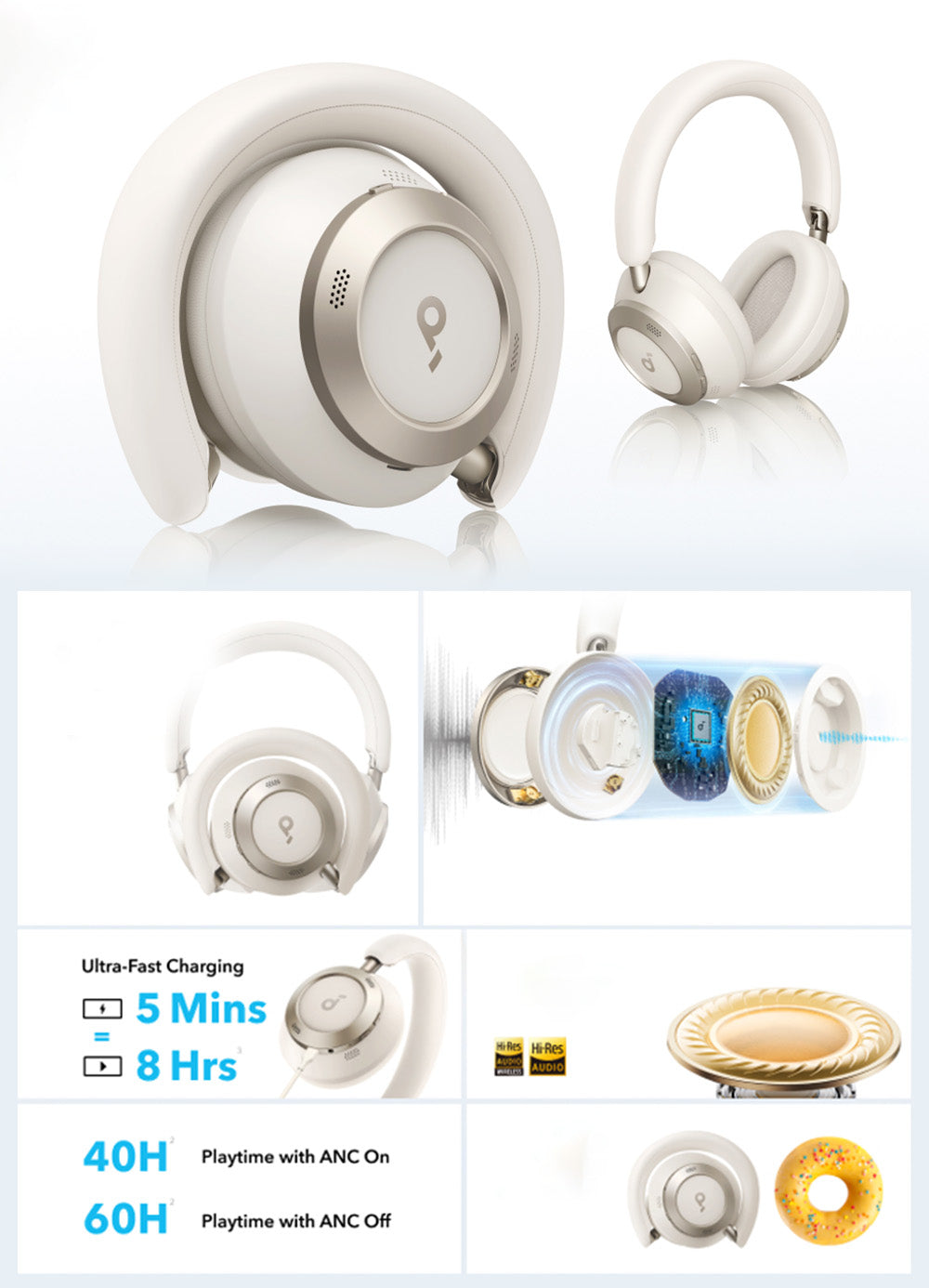 Anker Soundcore Space One Pro Headphones, Adaptive ANC, 40 Hours Playtime (ANC on), Hi-Res Wireless Audio, Ultra-Fast Charging - Black