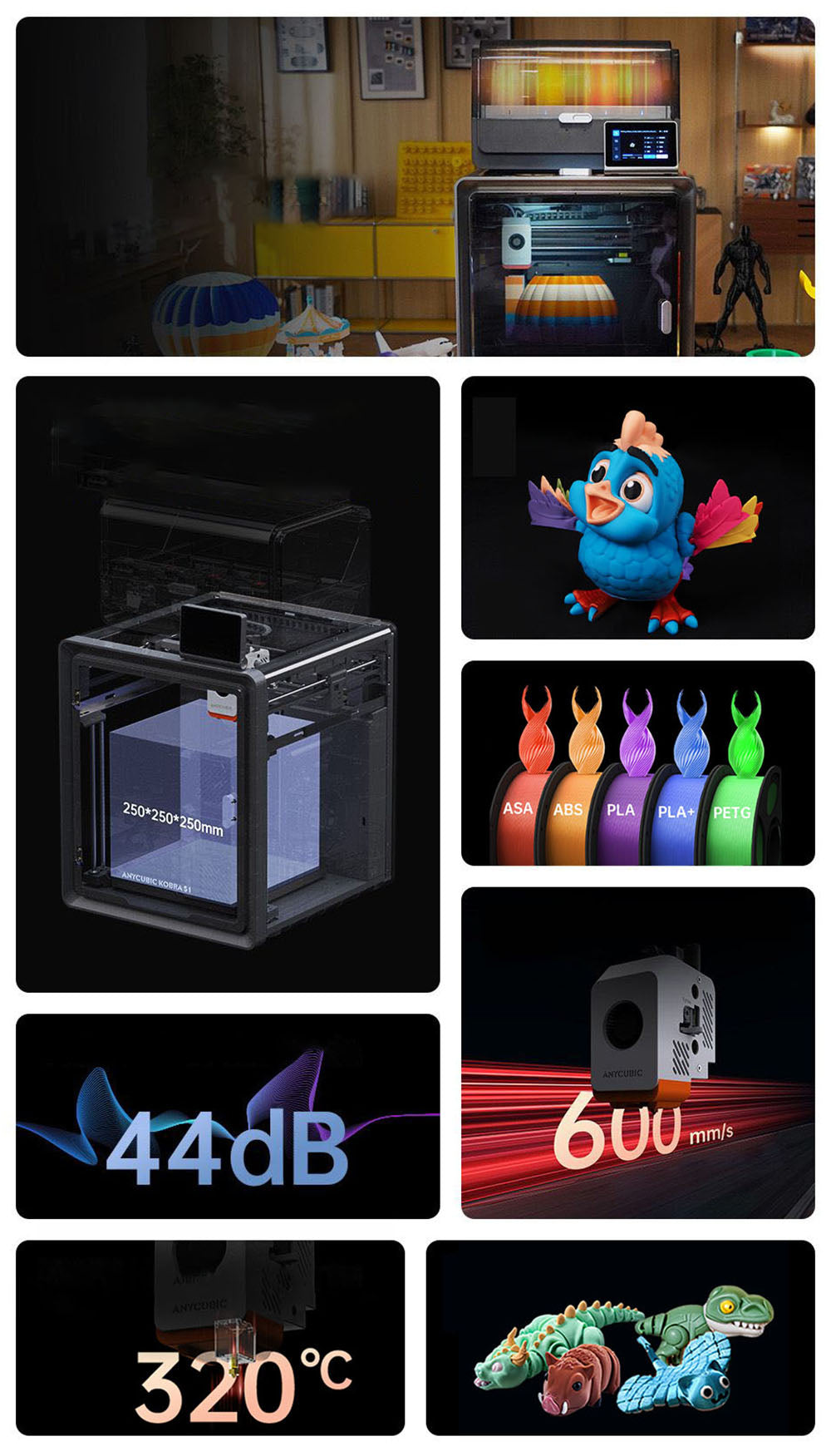ANYCUBIC KOBRA S1 COMBO 3D Printer, Vibrant 8-Color Printing, 600mm/s Ultra-Fast Speed, Auto-leveling, 320°C Hotend, 44dB Ultra-Quiet, CoreXY Construction, 250*250*250mm