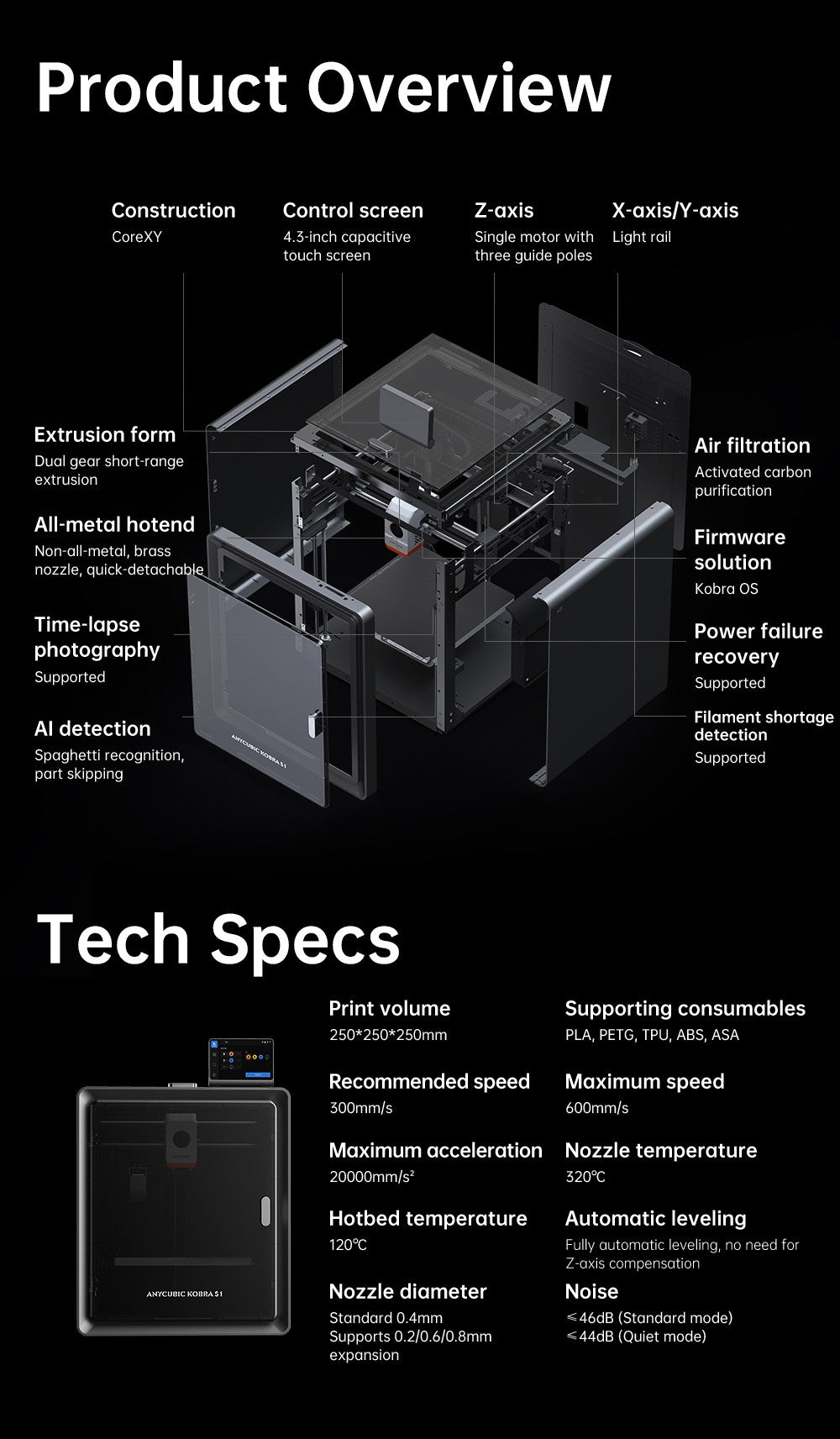 Anycubic Kobra S1 3D Printer, Enclosed CoreXY Construction, 600mm/s Ultra-Fast Print, Support Multi Color Printing with ACE Pro, 320℃ Hotend, 44dB Ultra-Quiet, 250*250*250mm