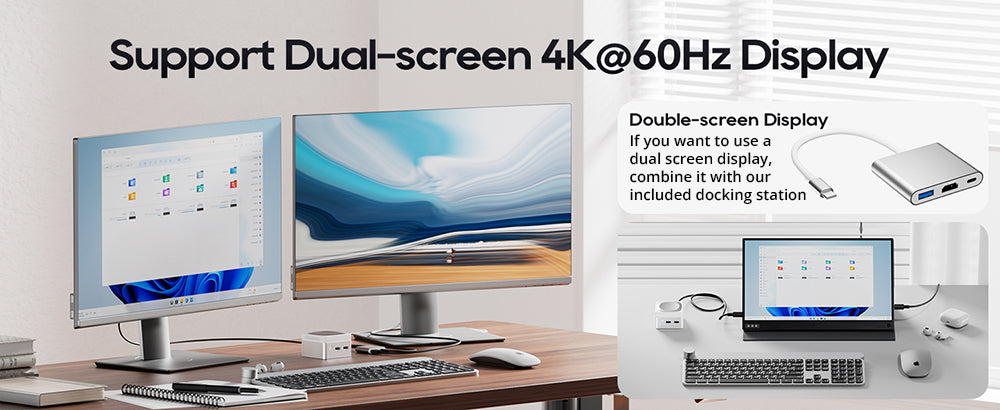 AOOSTAR T8 Mini PC (Free Docking Station), Intel N100 4 Cores Max 3.4GHz, 12GB LPDDR5 RAM 256GB SSD, Support Dual-screen 4K@60Hz Display, Dual Band WiFi, 1*Full-featured Type-C 2*USB3.0 2*USB2.0 1*HDMI 2*1000Mbps LAN 1*Audio Jack, 35W GaN Charger