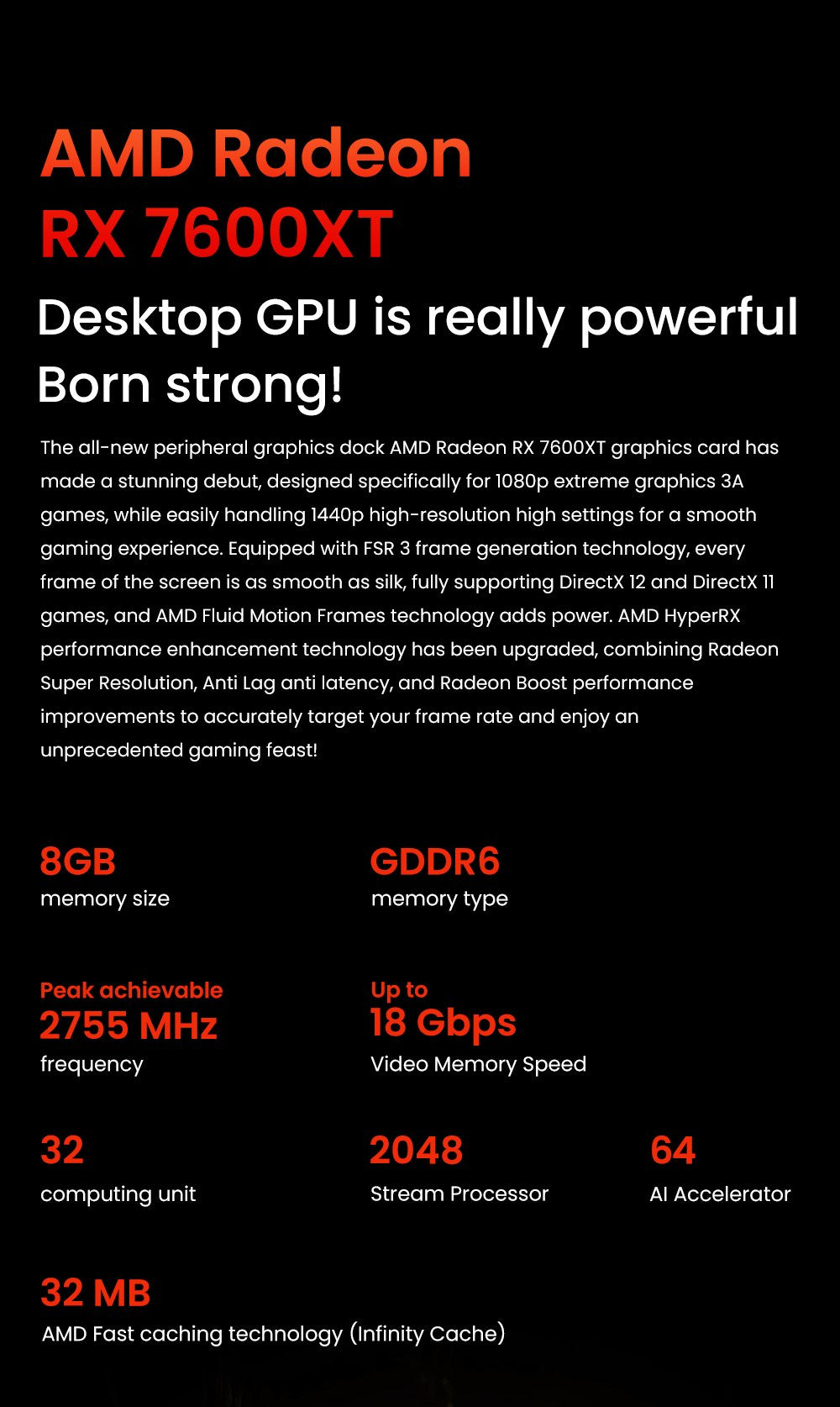 AOOSTAR XG76XT eGPU Dock with AMD Radeon RX 7600MXT GPU, 8GB GDDR6 RAM, 128bit, 1*USB 4.0, 1*Oculink, 1*HDMI, 2*DP, 1*Type-C, 100W Reverse Charging - EU Plug