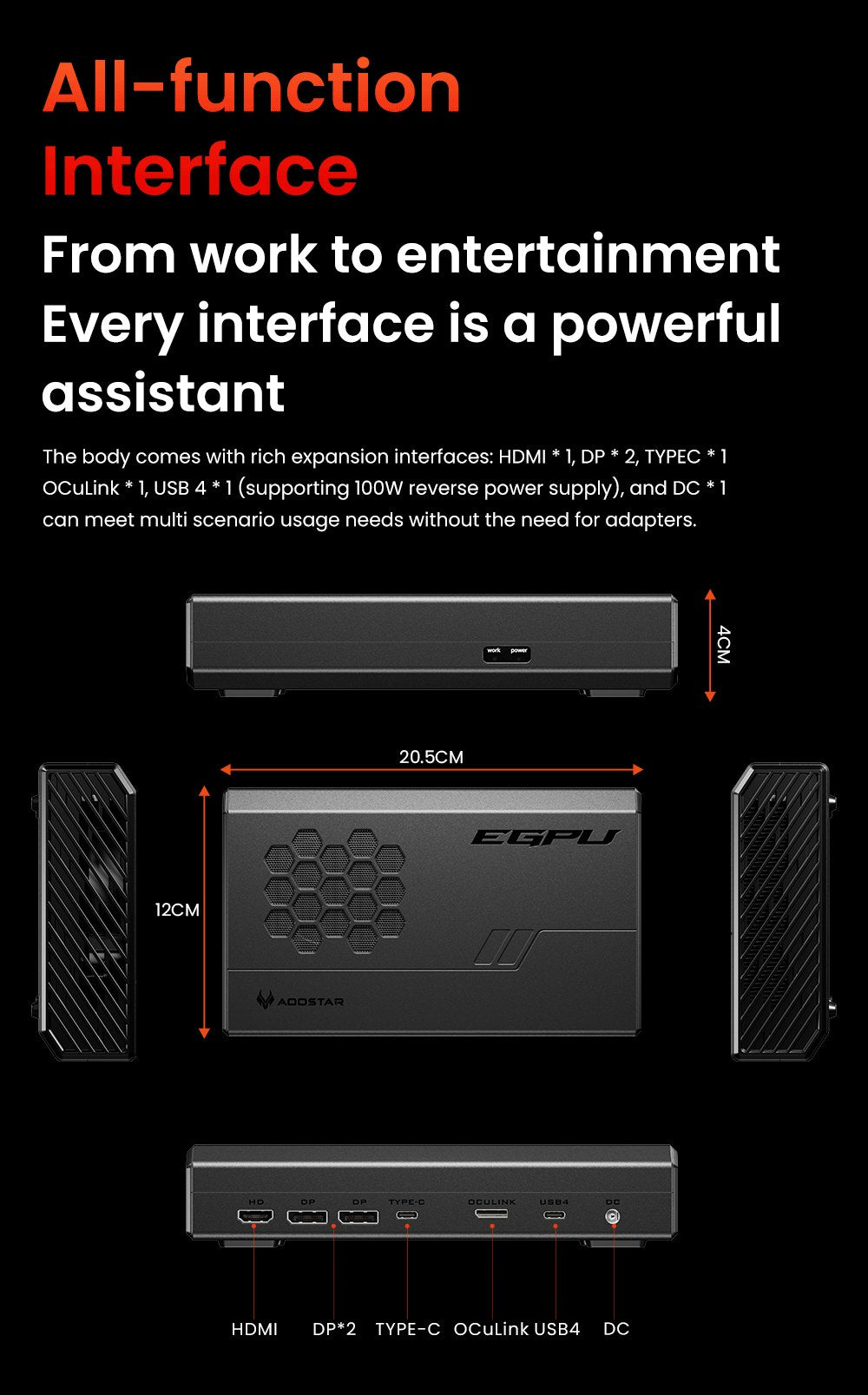 AOOSTAR XG76XT eGPU Dock with AMD Radeon RX 7600MXT GPU, 8GB GDDR6 RAM, 128bit, 1*USB 4.0, 1*Oculink, 1*HDMI, 2*DP, 1*Type-C, 100W Reverse Charging - EU Plug