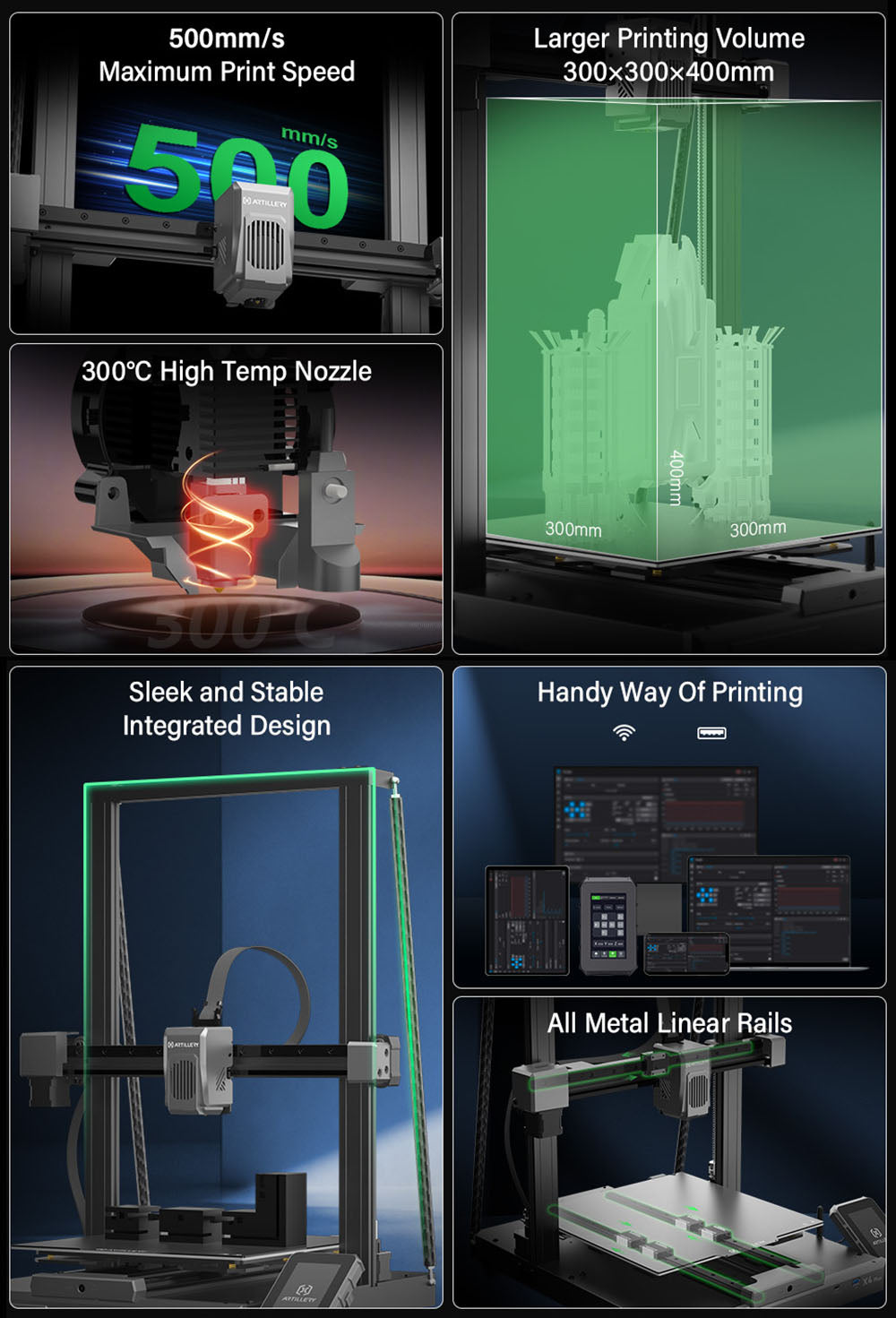 Artillery Sidewinder X4 Plus S1 3D Printer, 300*300*400mm, 500mm/s Print Speed, 300℃ High-temp Printing, XY-Metal Linear Guide Rail, Auto Levelling, 8000rpm Efficient Cooling Fans