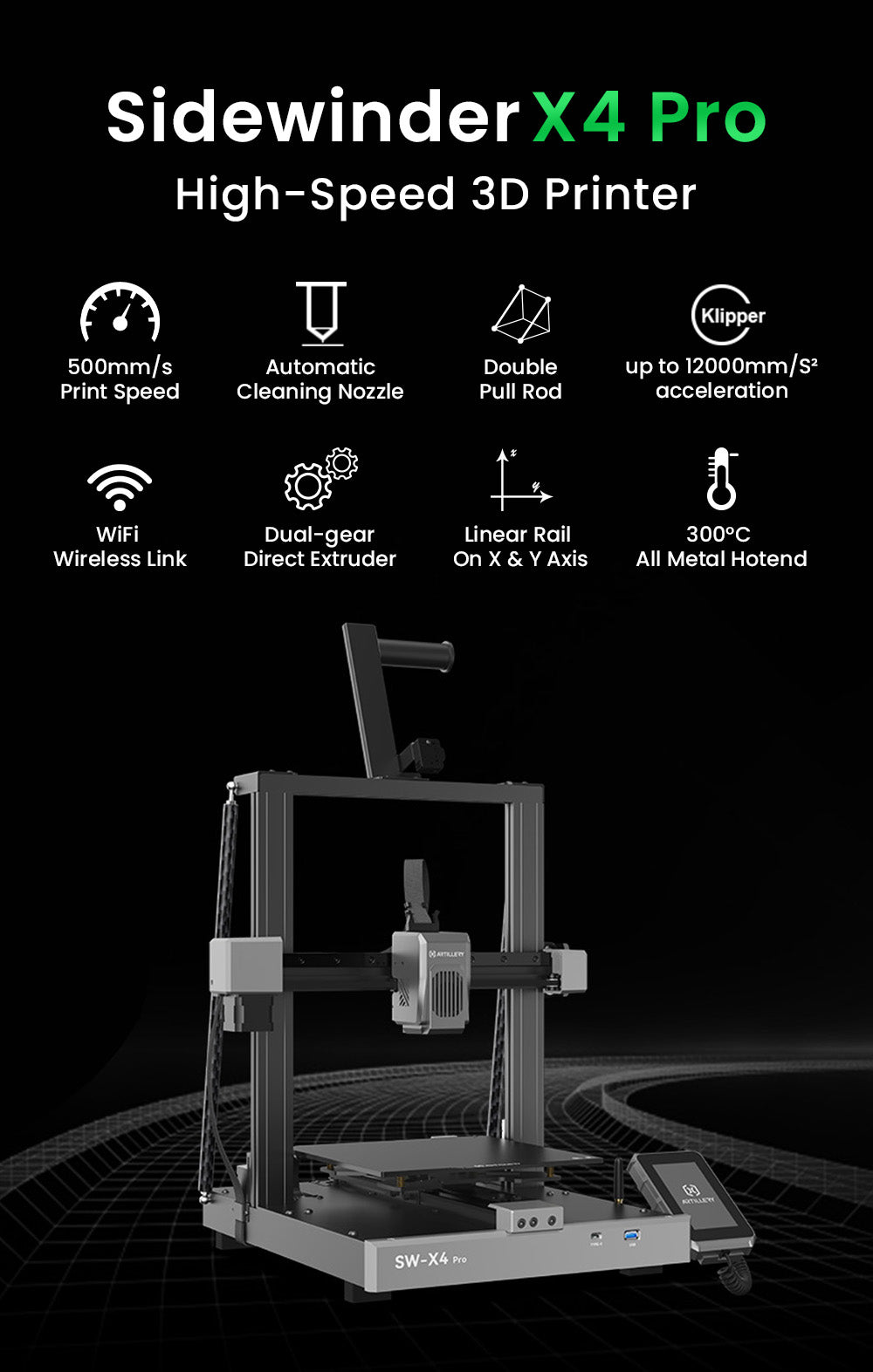 Artillery Sidewinder X4 Pro 3D Printer, 240*240*260mm, 500mm/s Printing Speed, X Y-axis Linear Rail, Direct Drive Extruder, 81 Points Auto Levelling, Double Pull Rod, Auto Cleaning Nozzle