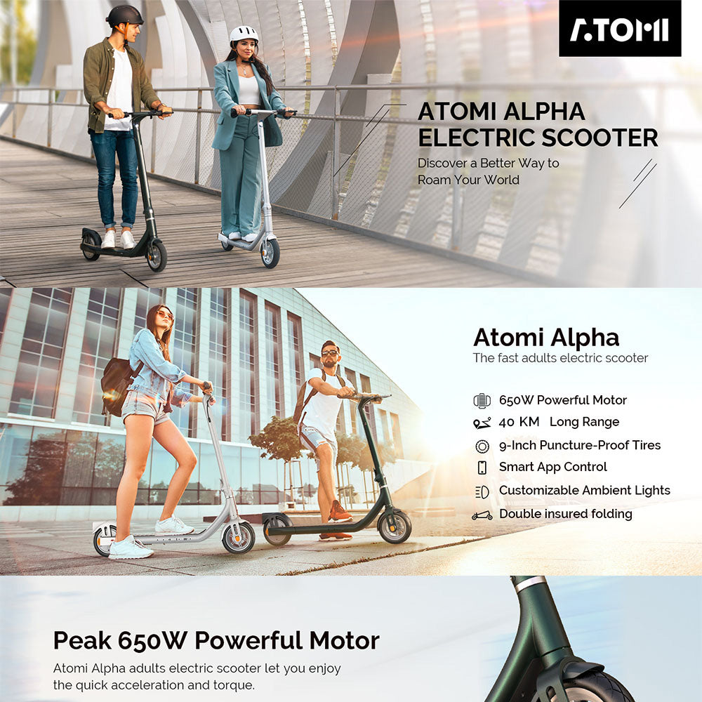 Atomi Alpha Electric Scooter 9 Inch Tires 650W Motor 36V 10Ah Battery for 25 Miles Range 25Km/h Max Speed 120KG Max Load Support App Control - White
