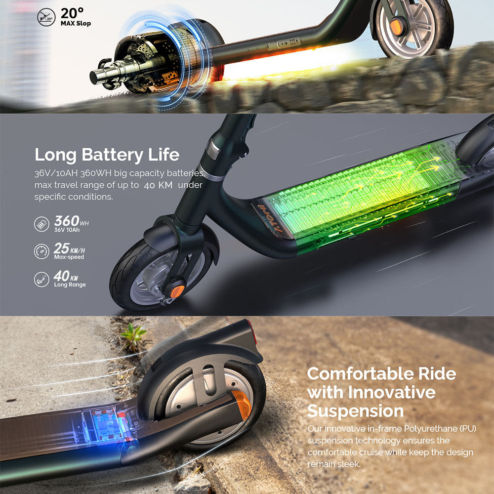Atomi Alpha Electric Scooter 9 Inch Tires 650W Motor 36V 10Ah Battery for 25 Miles Range 25Km/h Max Speed 120KG Max Load Support App Control - White
