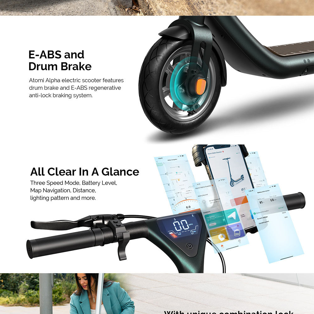 Atomi Alpha Electric Scooter 9 Inch Tires 650W Motor 36V 10Ah Battery for 25 Miles Range 25Km/h Max Speed 120KG Max Load Support App Control - White