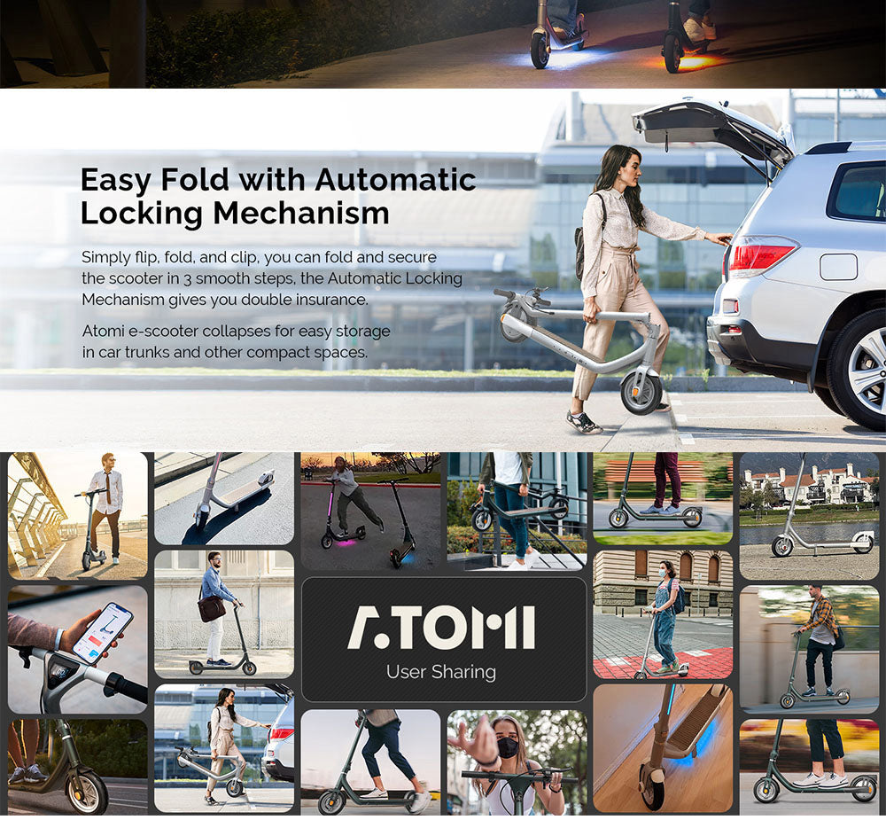 Atomi Alpha Electric Scooter 9 Inch Tires 650W Motor 36V 10Ah Battery for 25 Miles Range 25Km/h Max Speed 120KG Max Load Support App Control - White