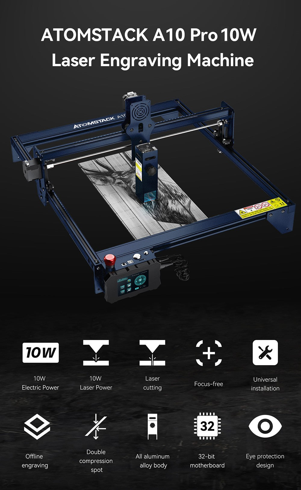 ATOMSTACK A10 Pro 10W Laser Engraver Cutter, 0.01mm High Accuracy, Fixed-Focus, Dual Compression Spot, 410*400mm