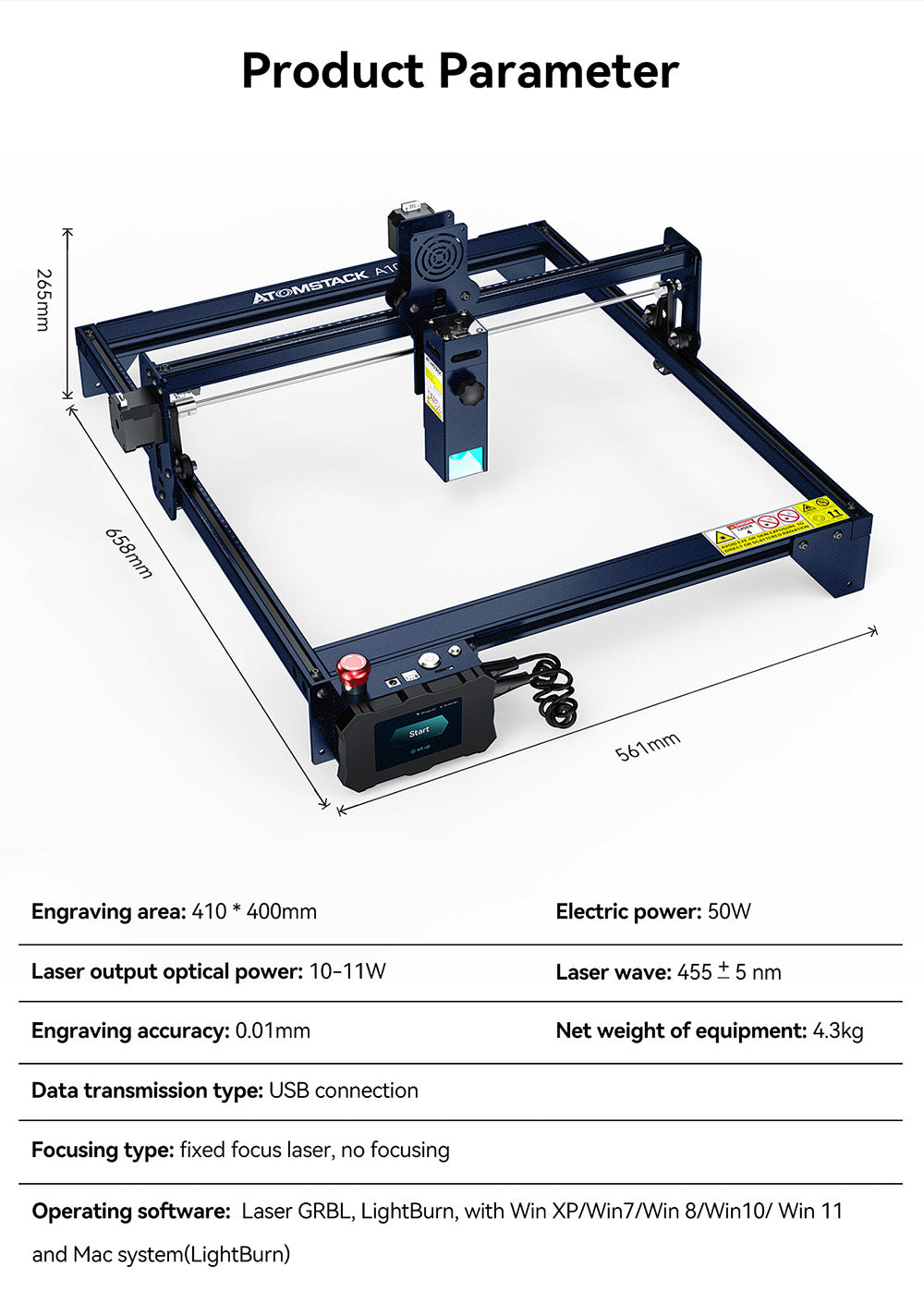ATOMSTACK A10 Pro 10W Laser Engraver Cutter, 0.01mm High Accuracy, Fixed-Focus, Dual Compression Spot, 410*400mm