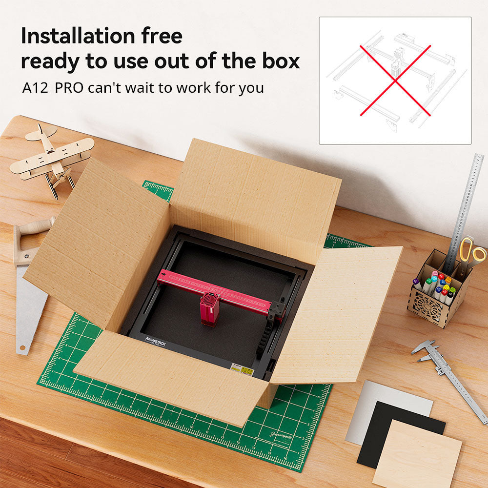 ATOMSTACK A12 PRO 12W Laser Engraver Cutter, Fixed Focus, 0.02mm Engraving Precision, 600mm/s Engraving Speed, 32-bit Motherboard, Cross Laser Positioning, App Control, 365x305mm