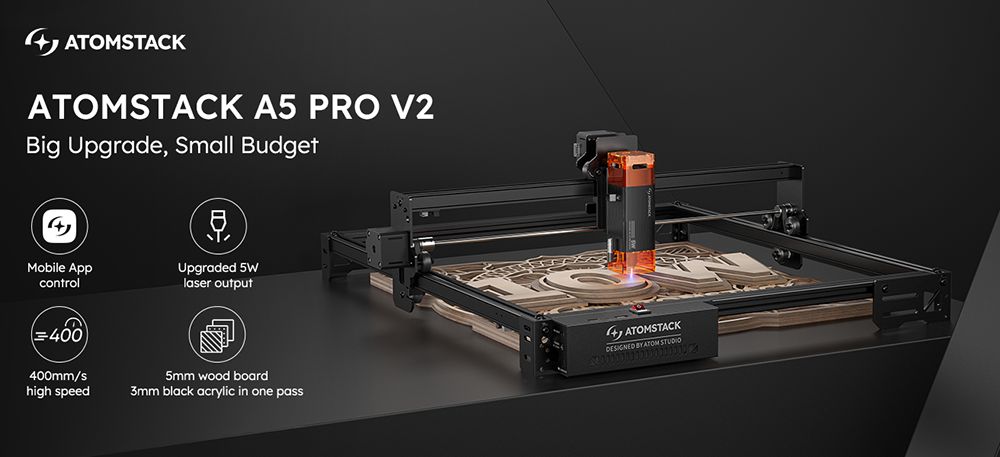 ATOMSTACK A5 Pro V2 5W Laser Engraver, 400mm/s High Speed, 0.01mm Precision, 5mm Wood 3mm Black Acrylic in One Pass, 410*380mm