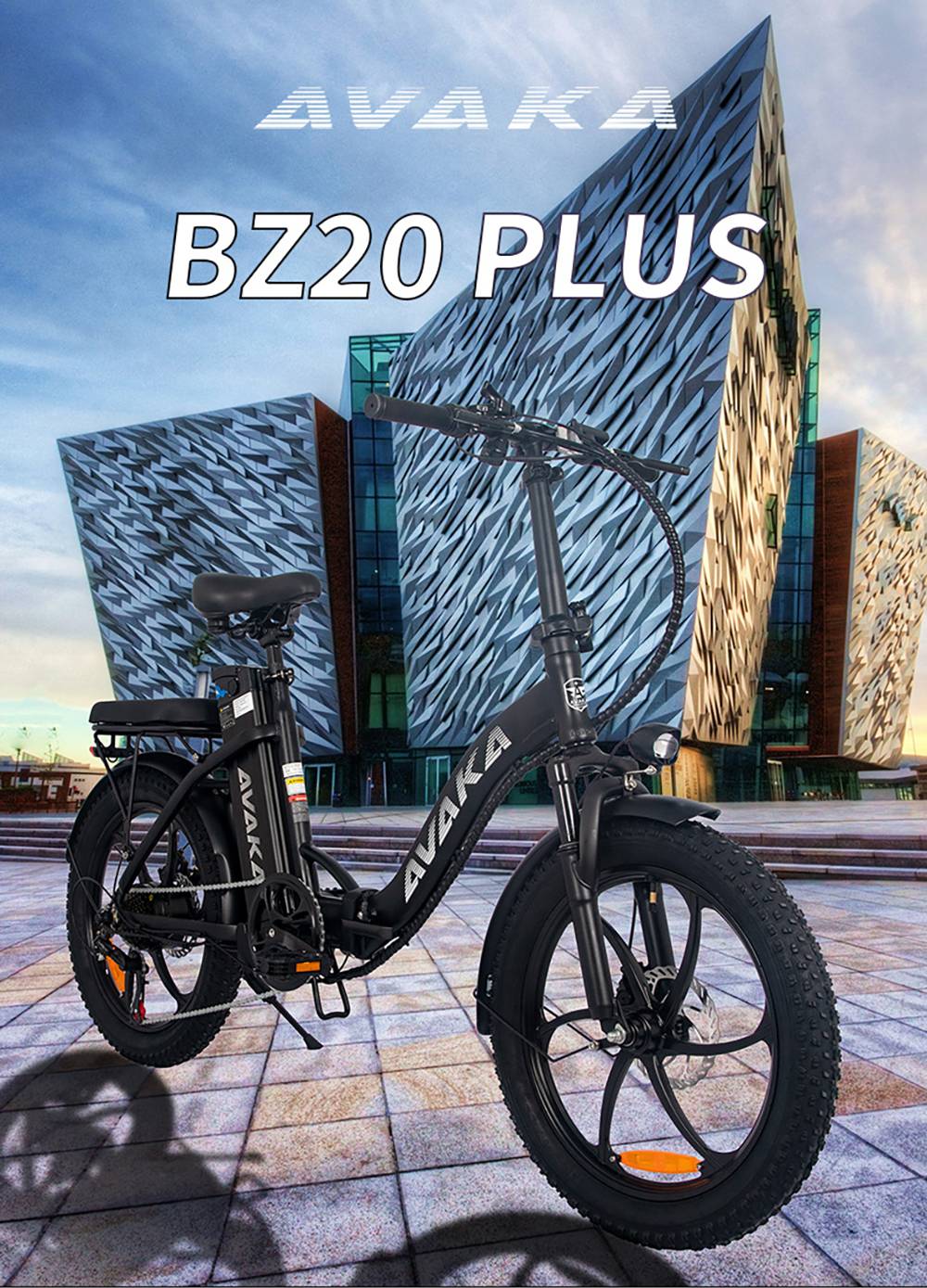 AVAKA BZ20 PLUS Electric Bike Foldable 20*3.0 Inch Fat Tires 500W Brushless Motor 25Km/h Max Speed 48V 18.2Ah Battery 100Km Range 120KG Max Load Dual Disc Brake Shimano 7-Speed Gear IP54 Waterproof LCD Display One-piece wheel - Black