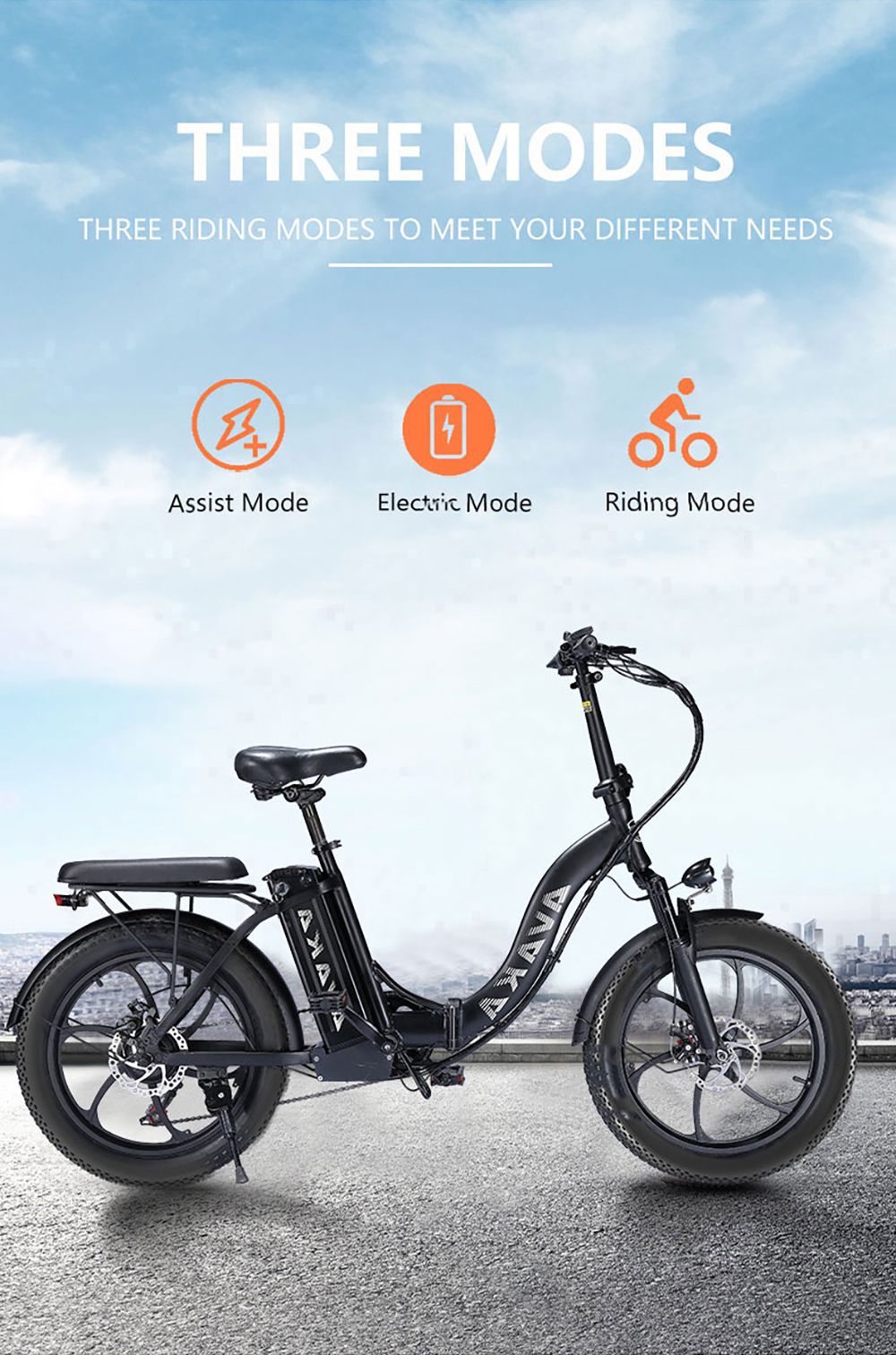 AVAKA BZ20 PLUS Electric Bike Foldable 20*3.0 Inch Fat Tires 500W Brushless Motor 25Km/h Max Speed 48V 18.2Ah Battery 100Km Range 120KG Max Load Dual Disc Brake Shimano 7-Speed Gear IP54 Waterproof LCD Display One-piece wheel - Black