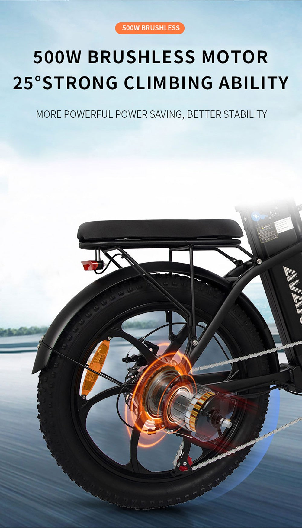 AVAKA BZ20 PLUS Electric Bike Foldable 20*3.0 Inch Fat Tires 500W Brushless Motor 25Km/h Max Speed 48V 18.2Ah Battery 100Km Range 120KG Max Load Dual Disc Brake Shimano 7-Speed Gear IP54 Waterproof LCD Display One-piece wheel - Black