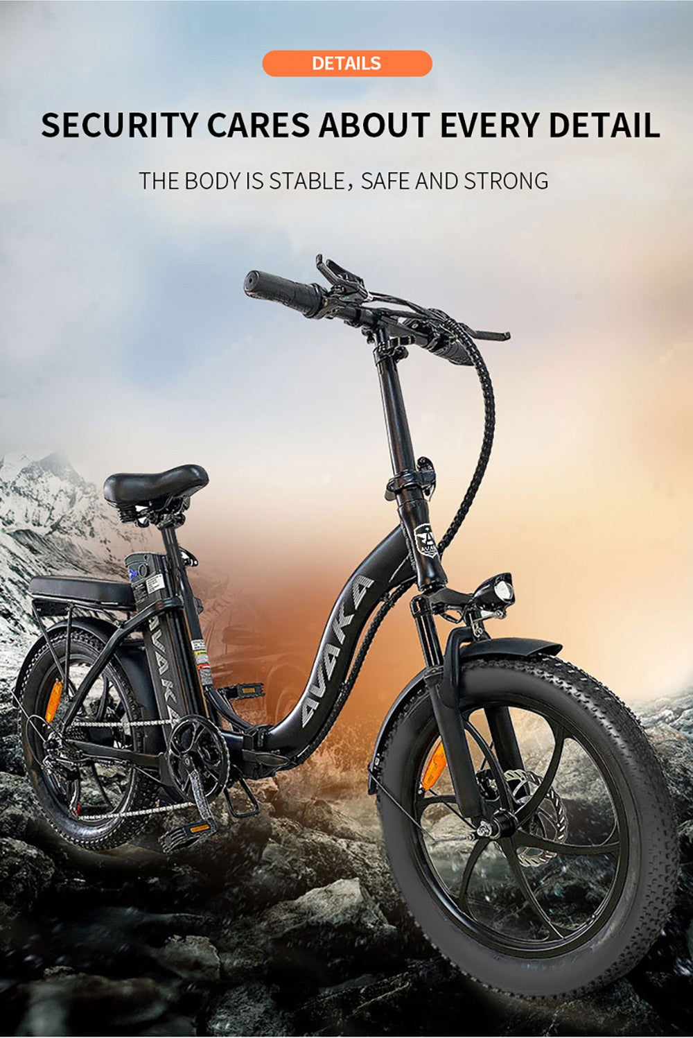 AVAKA BZ20 PLUS Electric Bike Foldable 20*3.0 Inch Fat Tires 500W Brushless Motor 25Km/h Max Speed 48V 18.2Ah Battery 100Km Range 120KG Max Load Dual Disc Brake Shimano 7-Speed Gear IP54 Waterproof LCD Display One-piece wheel - Black