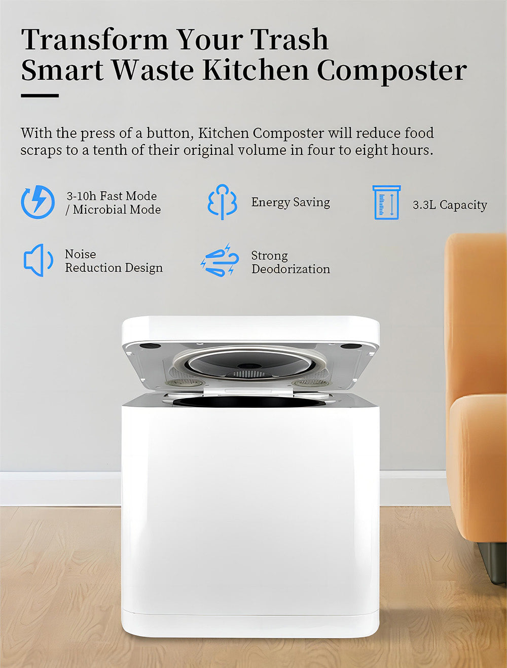 BEECO HQD-314Pro Kitchen Composter, 3.3L Capacity, Turning Waste into Natural Fertilizer, Built-in UVC Light, Child Lock, LCD Screen