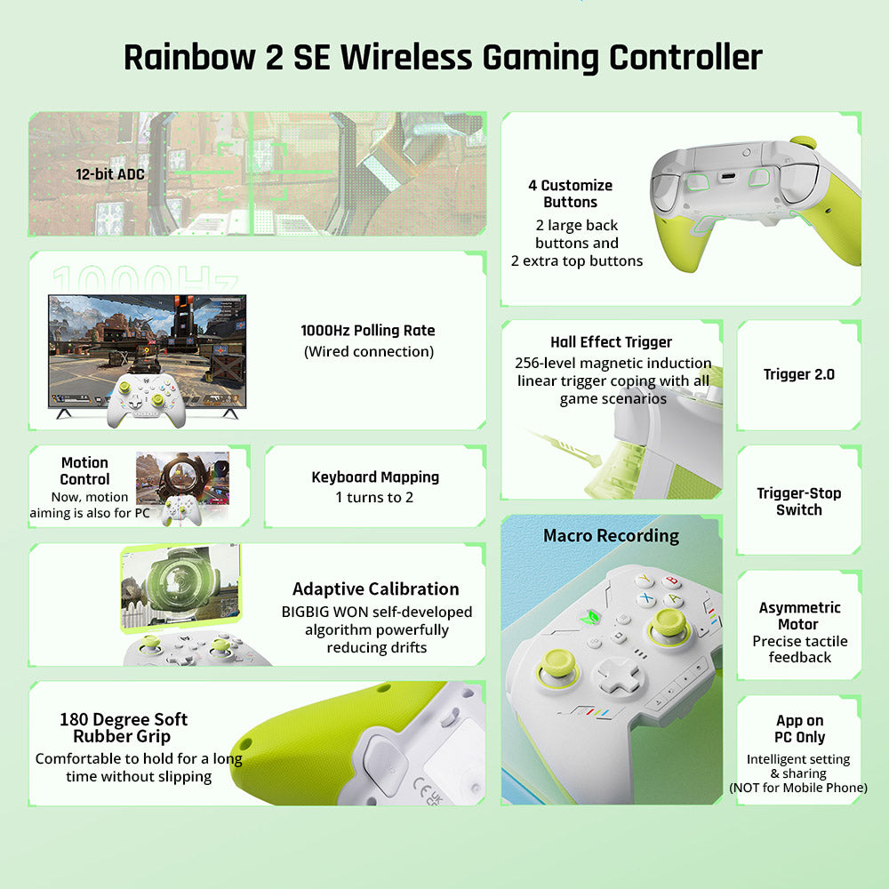 BIGBIG WON Rainbow 2 SE Game Controller, Hall Effect Trigger, 12-bit ADC, 4-way & 8-way D-pads, Compatible with Switch / PC / Android / iOS - Green