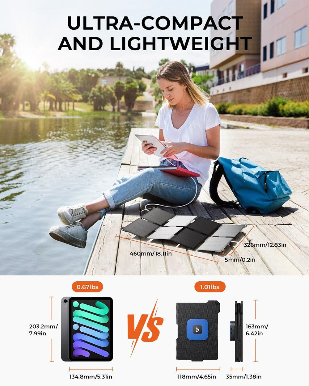 BigBlue P25 25W Portable Solar Panel Charger, USB-A and USB-C Ports, IP68 Waterproof, for Backpacking Compatible with Cellphones, Tablets, Power Bank