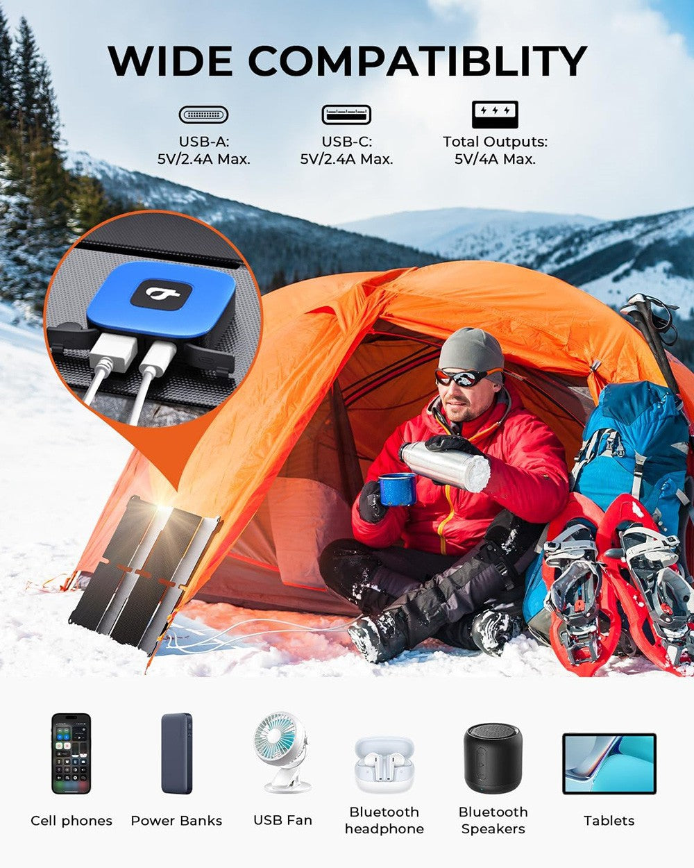 BigBlue P25 25W Portable Solar Panel Charger, USB-A and USB-C Ports, IP68 Waterproof, for Backpacking Compatible with Cellphones, Tablets, Power Bank