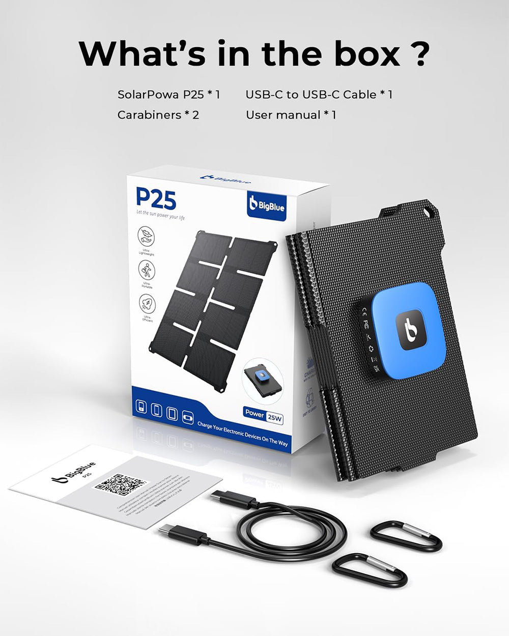 BigBlue P25 25W Portable Solar Panel Charger, USB-A and USB-C Ports, IP68 Waterproof, for Backpacking Compatible with Cellphones, Tablets, Power Bank