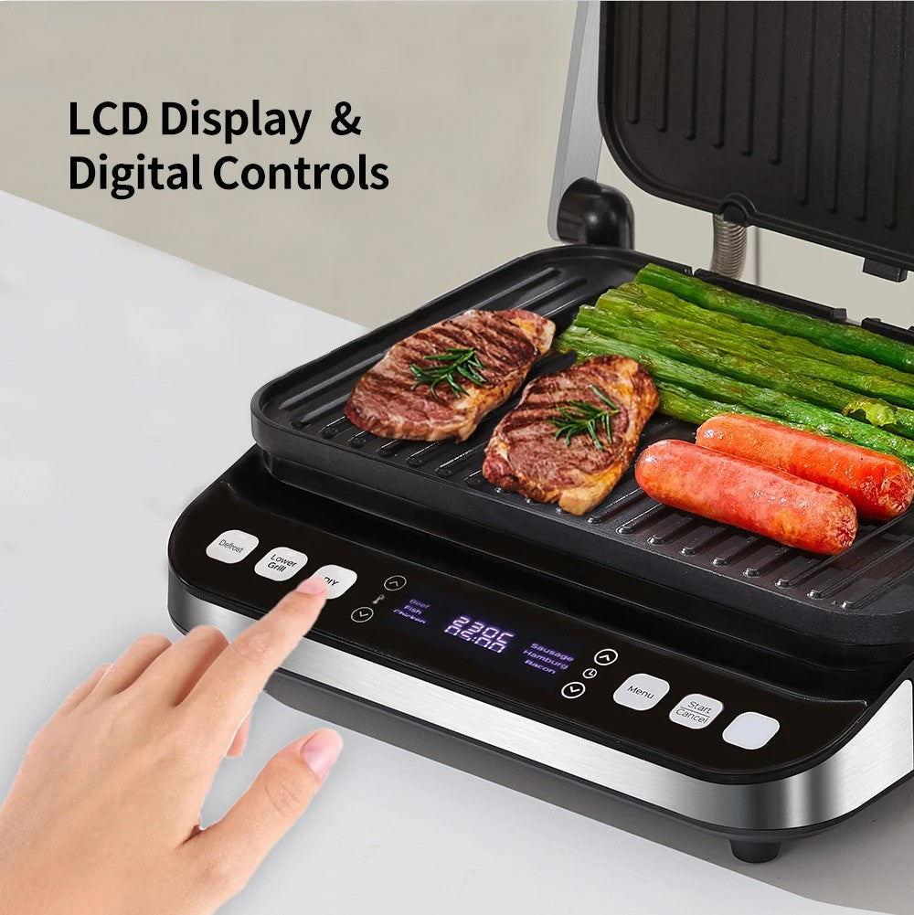 BioloMix BCG02D 2000W Electric Contact Grill, Removable/Reversible & Non-stick Plates, Smokeless, LCD Display & Digital Control, Opens 180 Degree