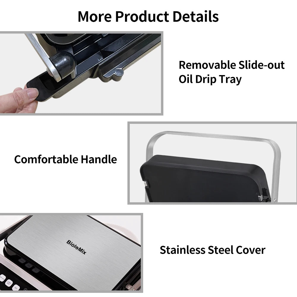 BioloMix BCG02D 2000W Electric Contact Grill, Removable/Reversible & Non-stick Plates, Smokeless, LCD Display & Digital Control, Opens 180 Degree