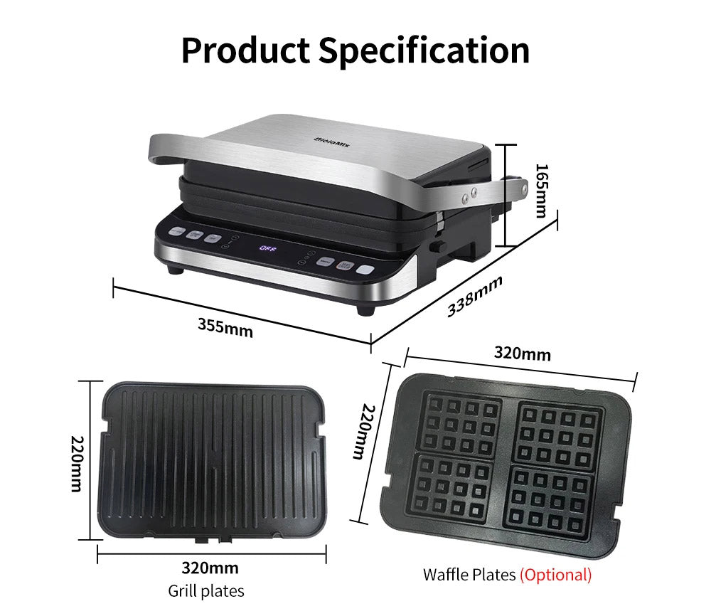 BioloMix BCG02D 2000W Electric Contact Grill, Removable/Reversible & Non-stick Plates, Smokeless, LCD Display & Digital Control, Opens 180 Degree