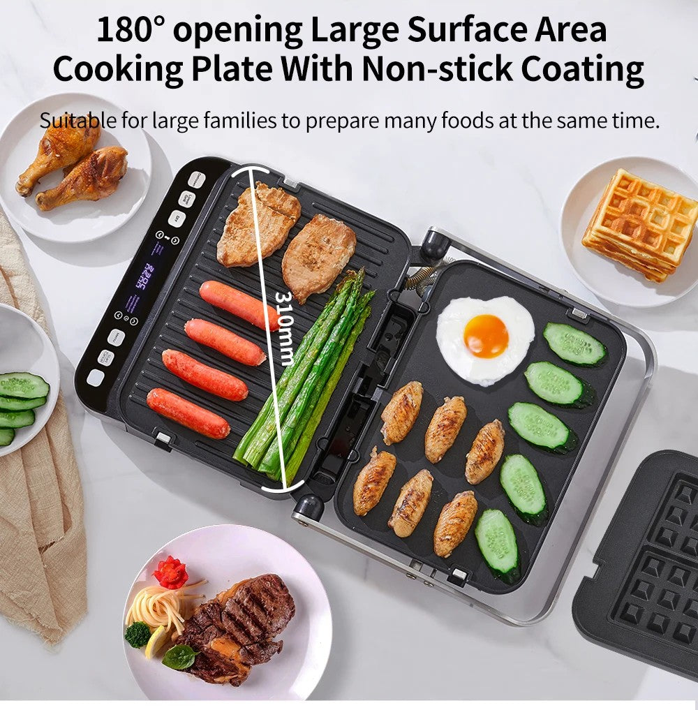 BioloMix BCG02D 2000W Electric Contact Grill, Removable/Reversible & Non-stick Plates, Smokeless, LCD Display & Digital Control, Opens 180 Degree