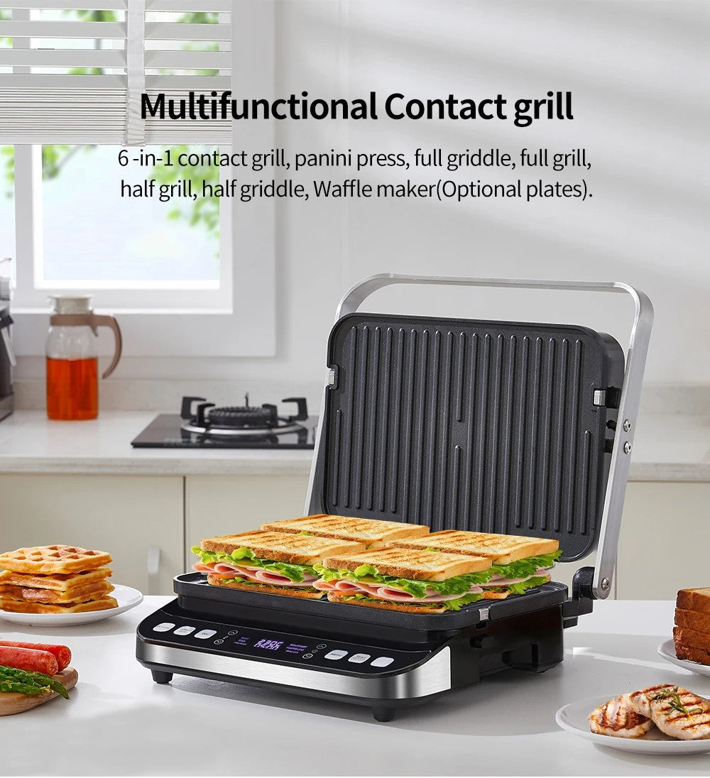 BioloMix BCG02D 2000W Electric Contact Grill, Removable/Reversible & Non-stick Plates, Smokeless, LCD Display & Digital Control, Opens 180 Degree