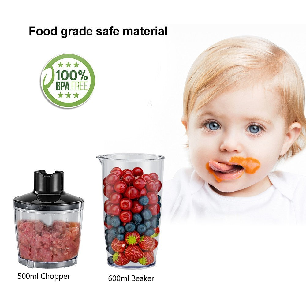 BioloMix BHB1200 4 in 1 1200W Handheld Blender Mixer, 6-speed Control, Stainless Steel Blade, 500ml Chopping Bowl, 600ml Smoothie Cup