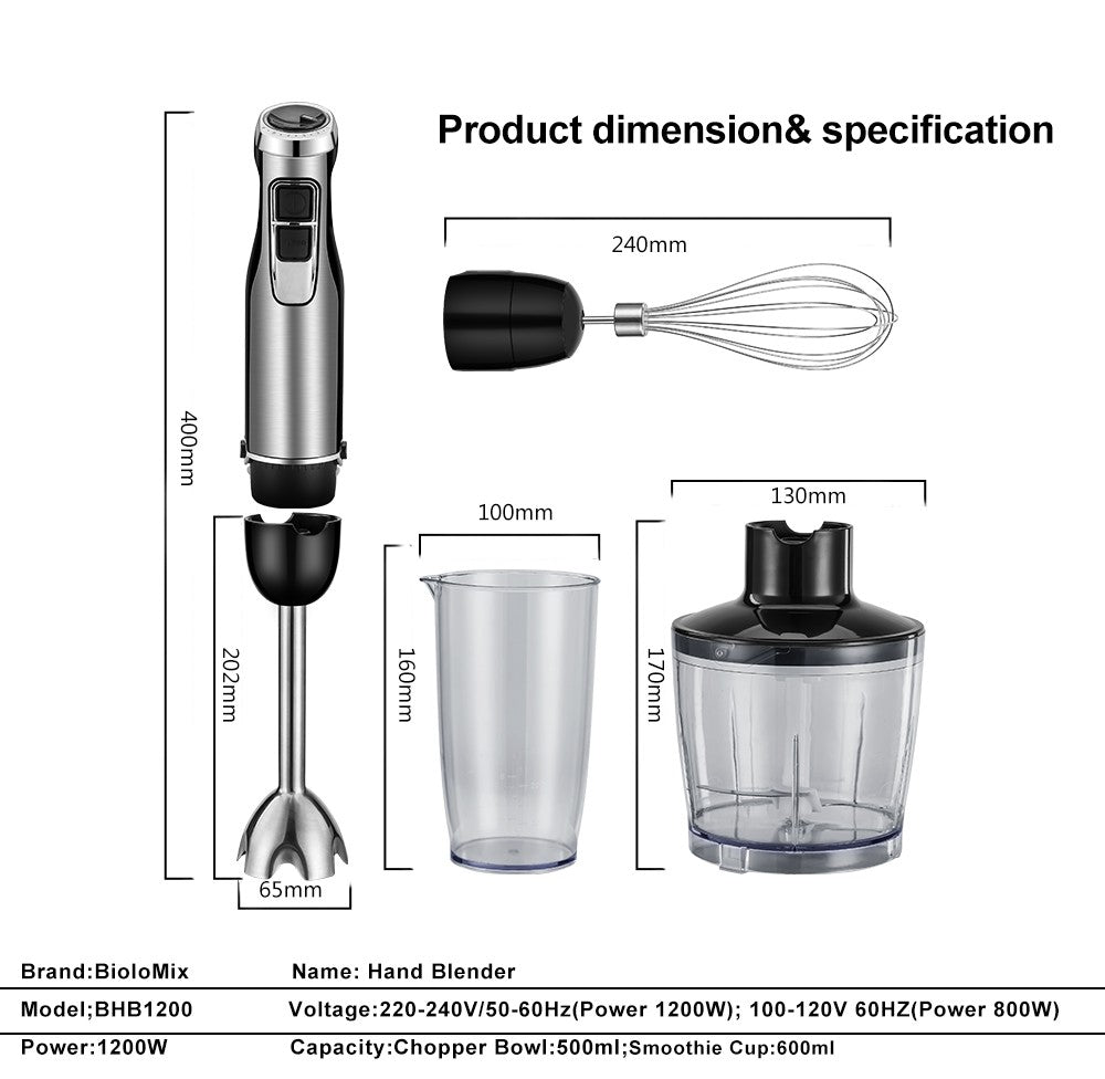BioloMix BHB1200 4 in 1 1200W Handheld Blender Mixer, 6-speed Control, Stainless Steel Blade, 500ml Chopping Bowl, 600ml Smoothie Cup