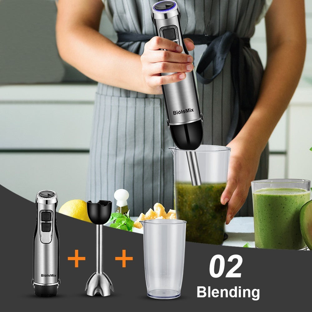 BioloMix BHB1200 4 in 1 1200W Handheld Blender Mixer, 6-speed Control, Stainless Steel Blade, 500ml Chopping Bowl, 600ml Smoothie Cup