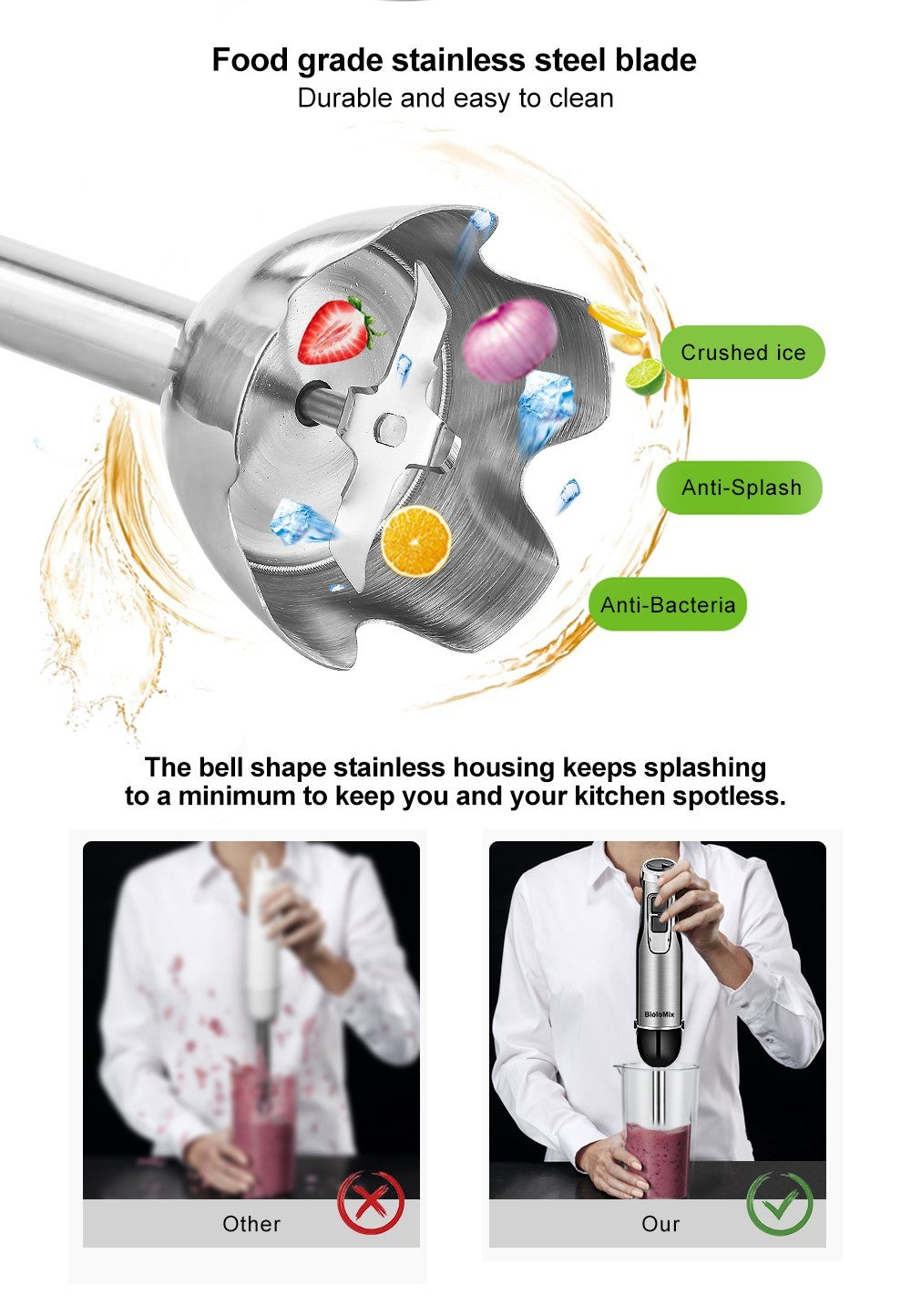 BioloMix BHB1200 4 in 1 1200W Handheld Blender Mixer, 6-speed Control, Stainless Steel Blade, 500ml Chopping Bowl, 600ml Smoothie Cup